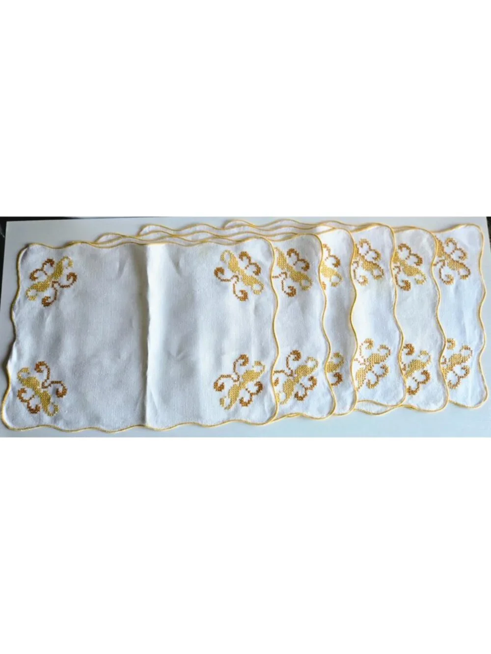 Vintage Placemats 6 & 6 Matching Napkins Ecru w/Yellow & Gold CrossStitch Design